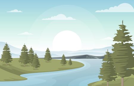 Winding River Mountain Forest Beautiful Rural Nature Landscape Illustrationのイラスト素材