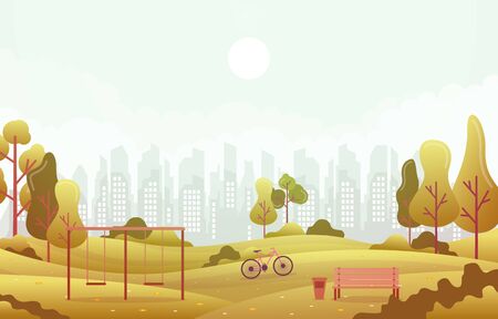 Summer Spring View in City Park Outdoor Landscape Flat Illustrationのイラスト素材