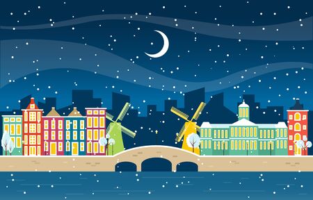 Winter Snow in Amsterdam City Cityscape Skyline Landmark Building Illustrationのイラスト素材