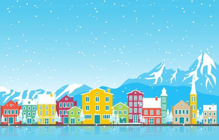 Winter Snow in Austria City Cityscape Skyline Landmark Building Illustrationのイラスト素材