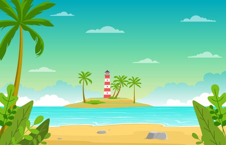 Vacation in Tropical Beach Sea Palm Tree Summer Landscape Illustrationのイラスト素材
