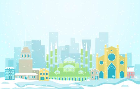 Winter Snow in Istanbul City Cityscape Skyline Landmark Building Illustrationのイラスト素材