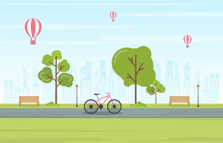 Summer Spring View in City Park Outdoor Landscape Flat Illustrationのイラスト素材