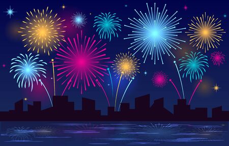 Colorful Brightly Beautiful Fireworks Night Sky City Vector Illustrationのイラスト素材