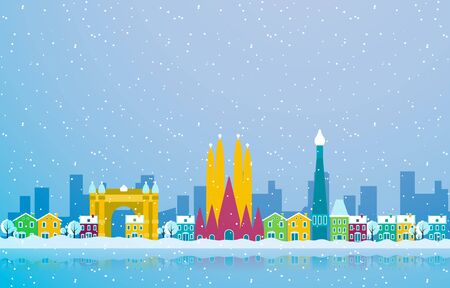 Winter Snow in Barcelona City Cityscape Skyline Landmark Building Illustrationのイラスト素材