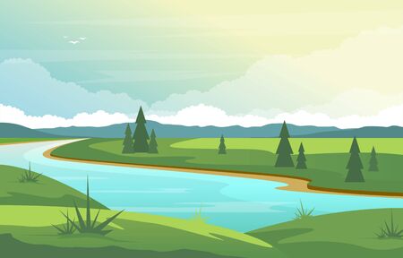 Winding River Mountain Forest Beautiful Rural Nature Landscape Illustrationのイラスト素材