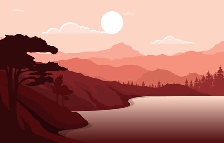 Sunrise Sunset Mountain Forest Wild Nature Landscape Monochrome Illustrationのイラスト素材