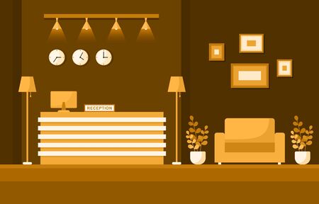 Hotel Check In Reception Desk Lobby Room Furniture Interior Illustrationのイラスト素材
