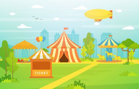 Amusement Park Circus Carnival Festival Fun Fair with Firework Landscape Illustrationのイラスト素材
