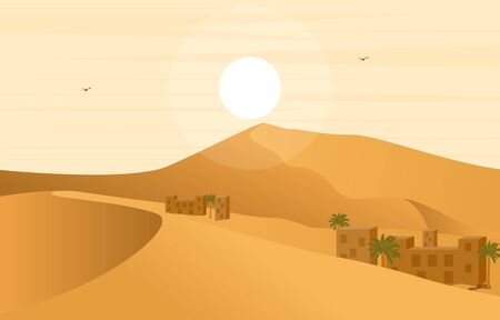 Village House in Desert with Date Palm Tree Arabian Landscape Illustrationのイラスト素材