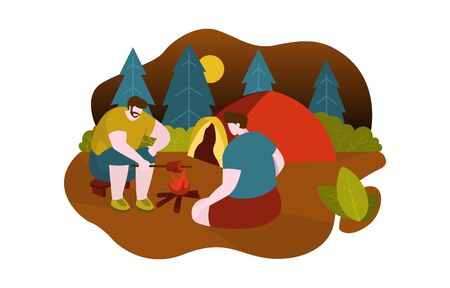 Men Camping Grilling Meat with Campfire Near by Tent Flat Design Illustrationのイラスト素材