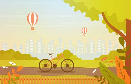 Summer Spring View in City Park Outdoor Landscape Flat Illustrationのイラスト素材