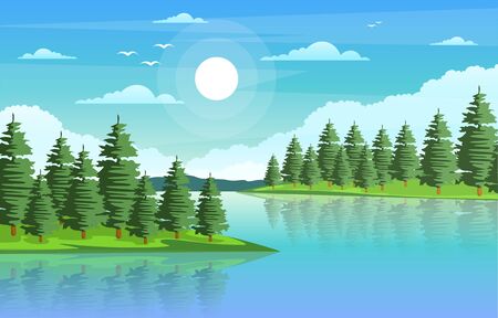 Winding River Mountain Forest Beautiful Rural Nature Landscape Illustrationのイラスト素材