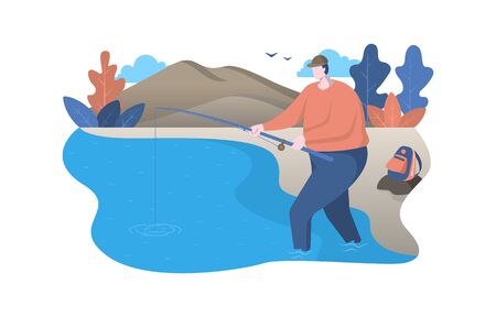 Man Standing Fishing Using Rod in River Nature Flat Design Illustrationのイラスト素材