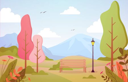 Summer Spring View in City Park Outdoor Landscape Flat Illustrationのイラスト素材