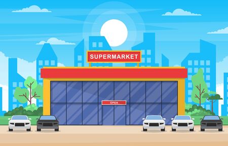 Supermarket Grocery Store Retail Shop Mall City Building Flat Illustrationのイラスト素材
