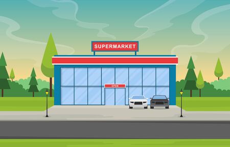 Supermarket Grocery Store Retail Shop Mall City Building Flat Illustrationのイラスト素材