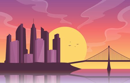 River Morning Sunrise Afternoon Sunset Bridge City Skyline Landmark Illustrationのイラスト素材