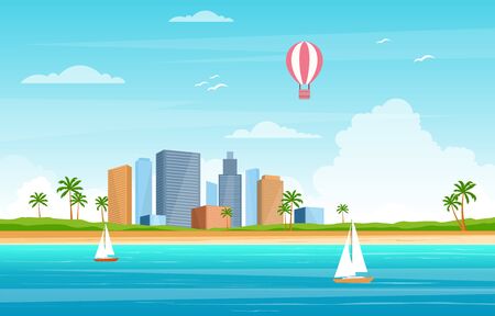 Vacation in Tropical Beach Sea Palm Tree Summer Landscape Illustrationのイラスト素材