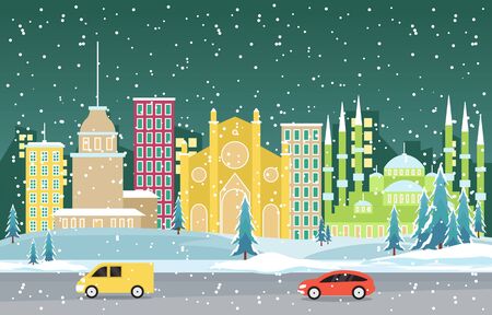 Winter Snow in Istanbul City Cityscape Skyline Landmark Building Illustrationのイラスト素材