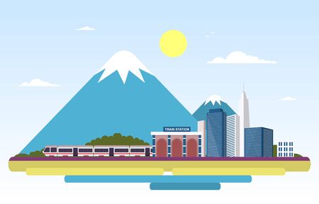 Railway Public Transport Commuter Metro Train Station Flat Illustrationのイラスト素材