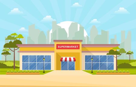 Supermarket Grocery Store Retail Shop Mall City Building Flat Illustrationのイラスト素材