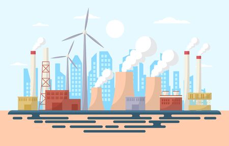 Industrial Factory Concept Manufacturing Building Facilities Area Landscape Flat Illustrationのイラスト素材