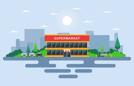 Supermarket Grocery Store Retail Shop Mall City Building Flat Illustrationのイラスト素材