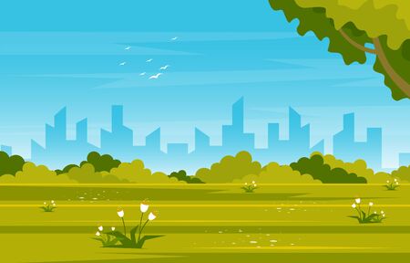 Summer Park Green Nature Field Land Sky Landscape Illustrationのイラスト素材