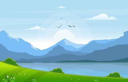 Summer Lake Green Nature Field Land Sky Landscape Illustrationのイラスト素材