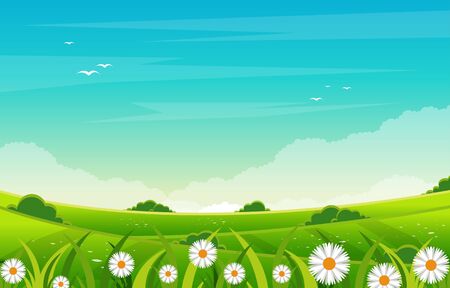 Summer Fresh Green Nature Field Land Sky Landscape Illustrationのイラスト素材