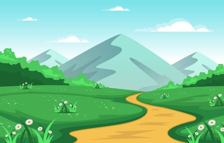 Summer Mountain Green Nature Field Land Sky Landscape Illustrationのイラスト素材