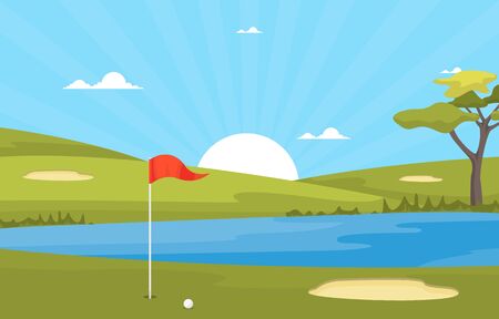 Golf Field Flag Pond Grass Tree Outdoor Sport Landscapeのイラスト素材