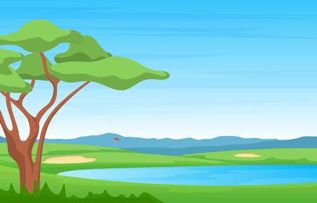 Golf Field Flag Pond Grass Tree Outdoor Sport Landscapeのイラスト素材