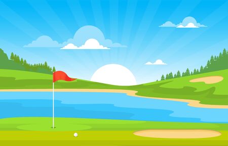Golf Field Flag Pond Grass Tree Outdoor Sport Landscapeのイラスト素材