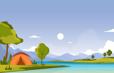 Camping Adventure Outdoor Park River Nature Landscape Cartoon Illustrationのイラスト素材