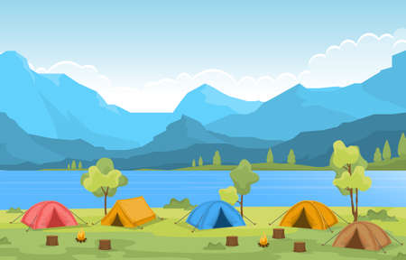 Camping Adventure Outdoor Park Lake Nature Landscape Cartoon Illustrationのイラスト素材