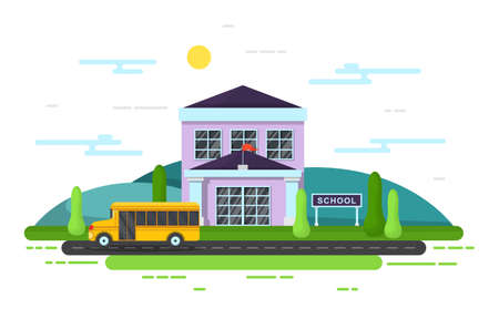 School Education Building Bus Outdoor Landscape Cartoon Illustration