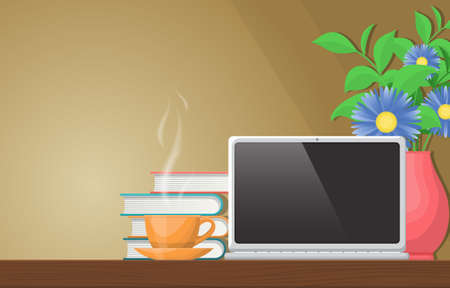A Cup of Tea on Workbench Office Work Table Laptop Illustrationのイラスト素材