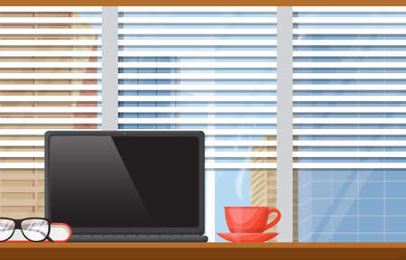 A Cup of Tea on Workbench Office Work Table Laptop Illustrationのイラスト素材