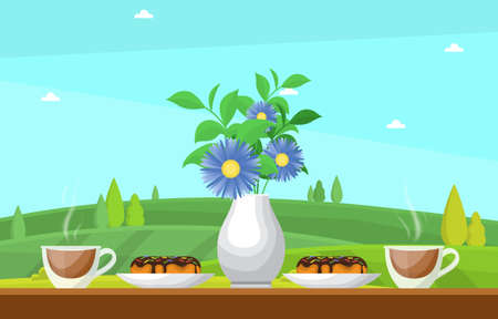 Cups of Tea on Table in Outdoor Nature Landscape Sky View Illustrationのイラスト素材