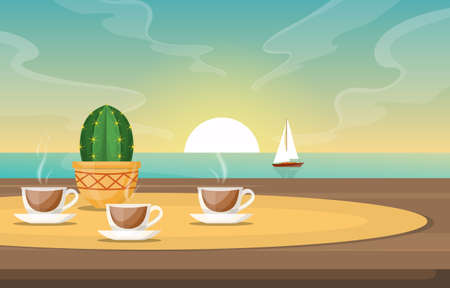 Cups of Tea on Table in Sea View Sunset Sailing Boat Illustrationのイラスト素材