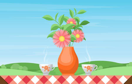 Cups of Tea on Table in Outdoor Nature Landscape Sky View Illustrationのイラスト素材
