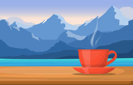 A Cup of Tea on Table in Mountain Lake Sea View Illustrationのイラスト素材