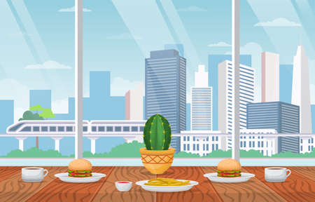 Snack on Table Cafe Restaurant City Skyscraper View Illustrationのイラスト素材