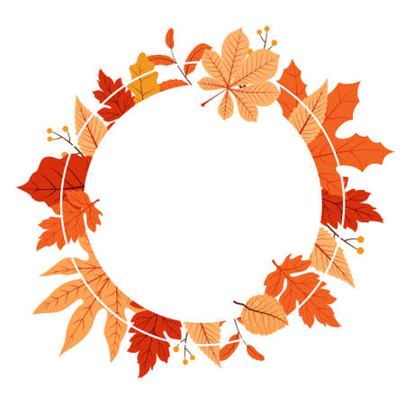 Autumn Fall Season Leaf Greeting Invitation Circle Frame Background Bouquetのイラスト素材
