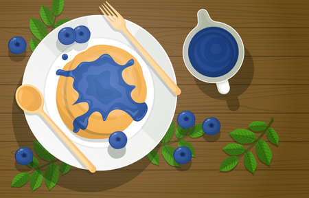 Pancake Blueberry Jam Syrup Food Photography Tasty Menu on Tableのイラスト素材