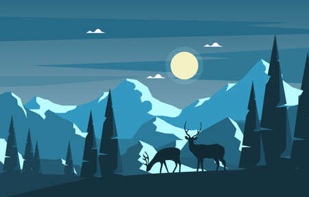 Winter Snow Pine Mountain Deer Nature Landscape Illustrationのイラスト素材