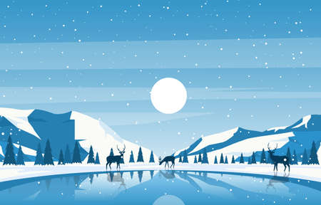 Winter Snow Pine Mountain Lake Deer Nature Landscape Illustrationのイラスト素材