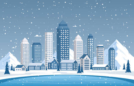 Winter Snow Pine Mountain Snowfall City House Landscape Illustrationのイラスト素材